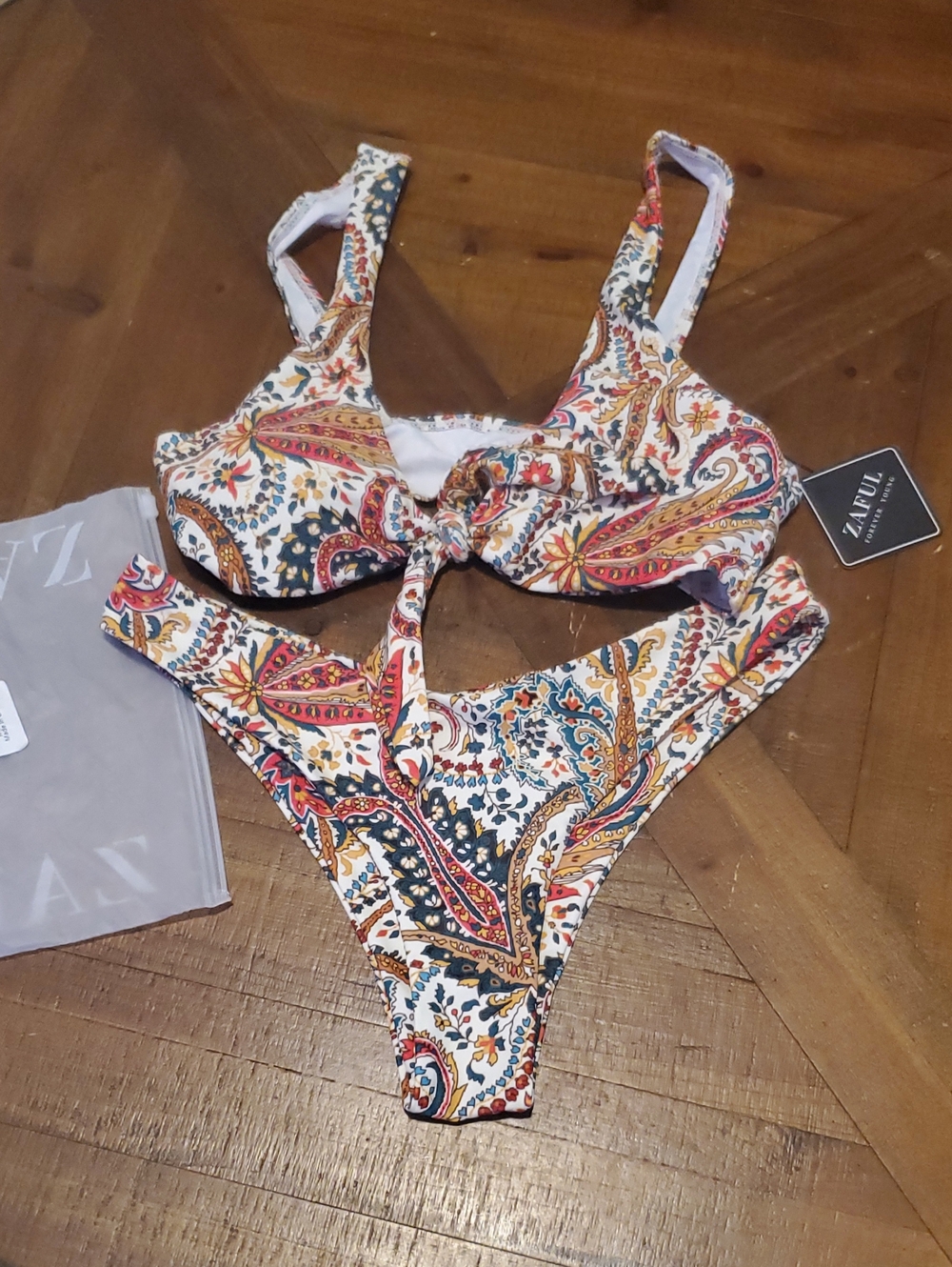 Zaful White Paisley Tie-Front Bikini with Red, Blue, Yellow and Brown Accents